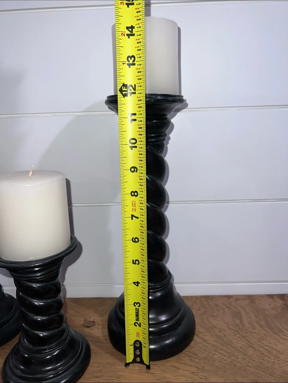 Vintage Classic Black Twisted Wood Candlestick Set with White Pillar Candles - Picture 5 of 15
